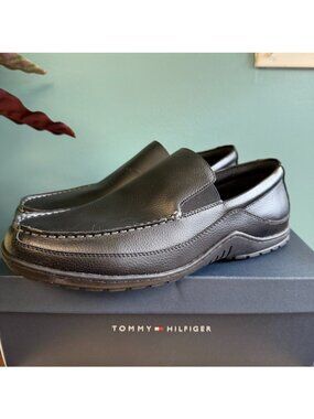 Tommy Hilfiger Mens Loafers 13W Black Leather Slip-On Drivers